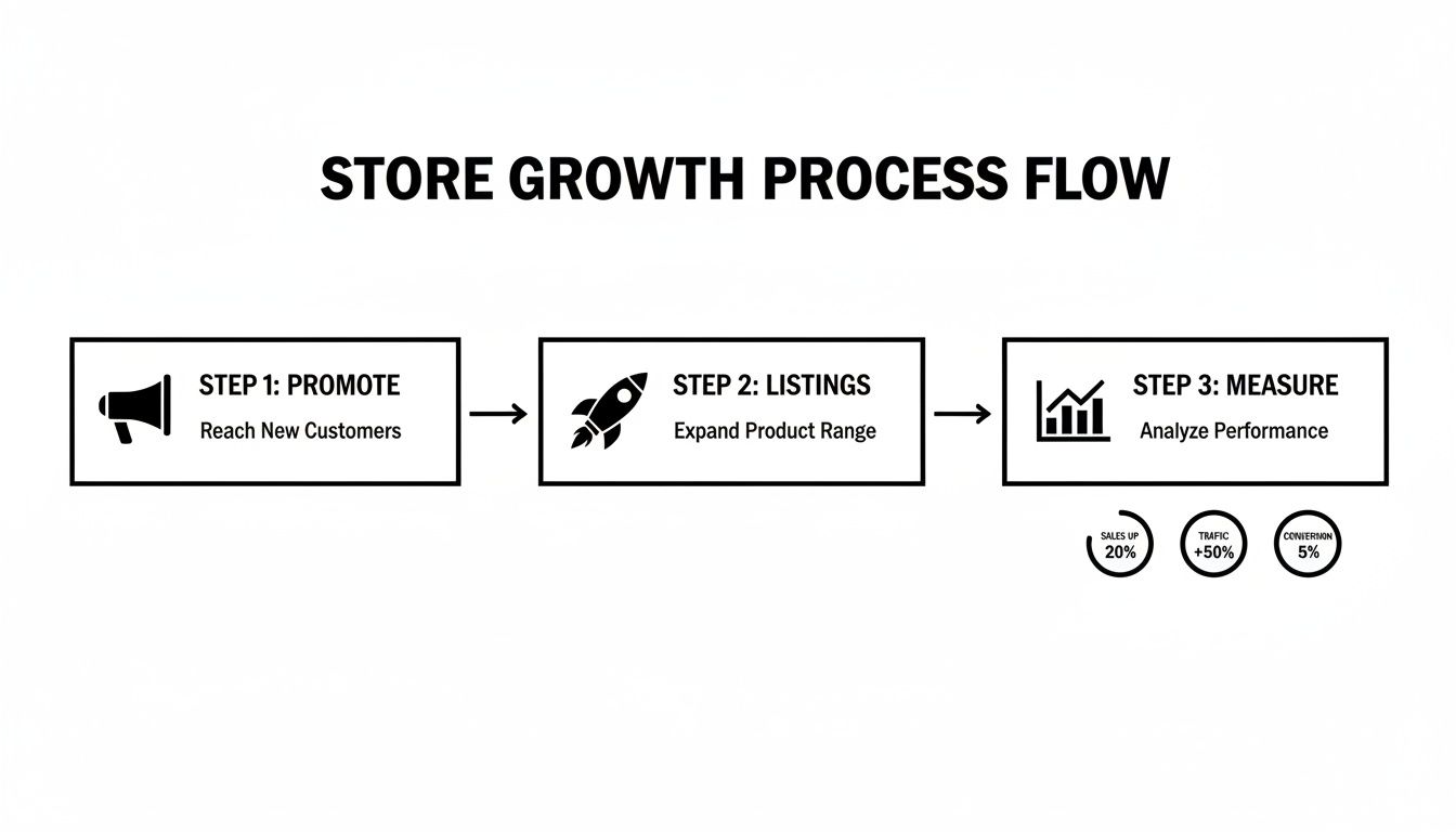 A flowchart illustrating a three-step store growth process: Promote, Listings, and Measure with performance metrics.