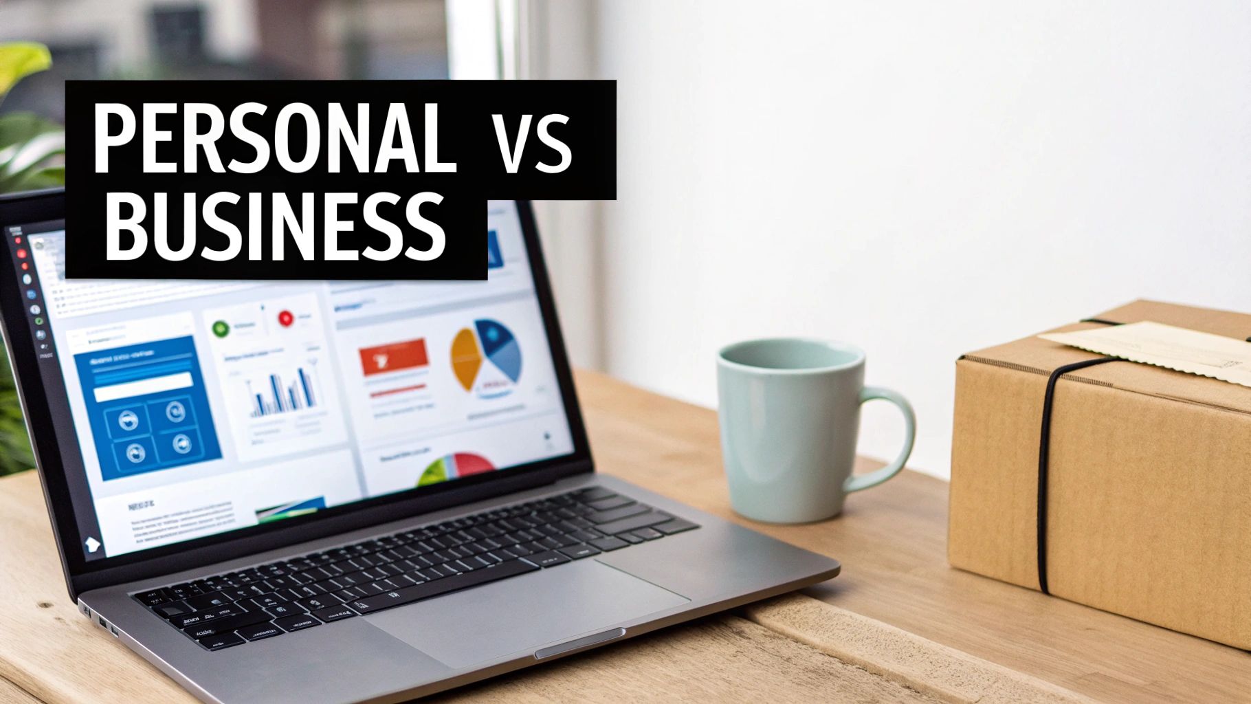 A laptop displaying business data, a mug, and a package on a wooden desk with a 'PERSONAL VS BUSINESS' banner.