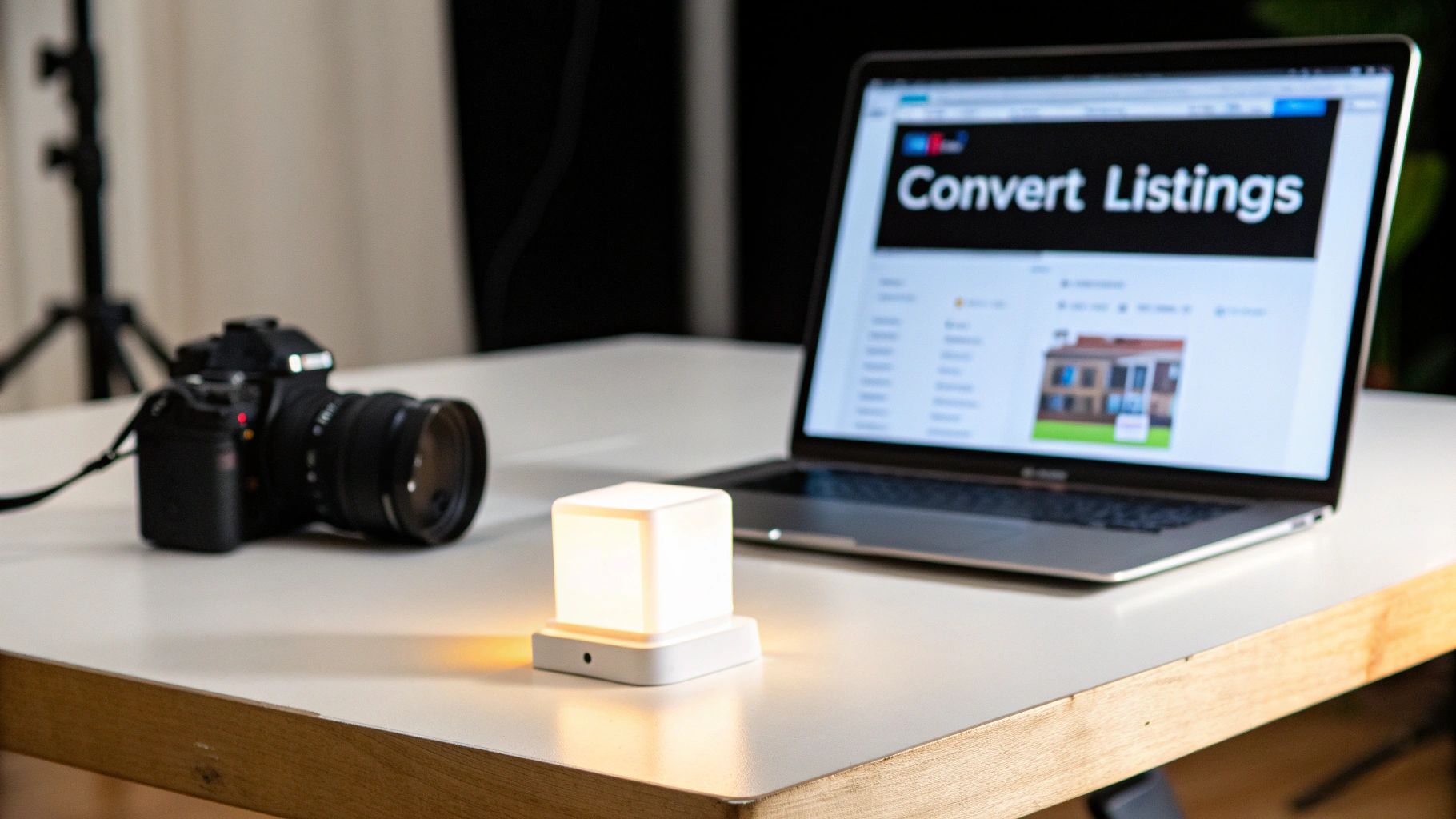 A camera, glowing white cube light, and laptop displaying 'Convert Listings' on a desk.