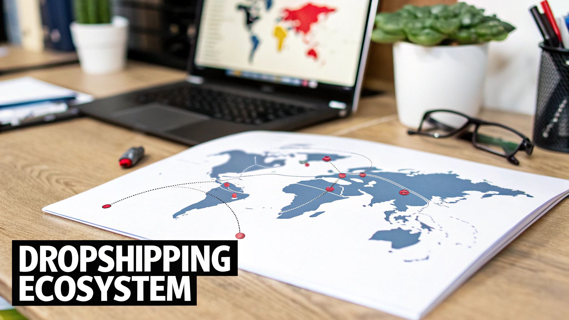 World map showing dropshipping ecosystem with connected locations and shipping routes on office desk