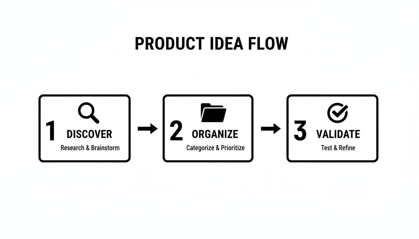 A product idea flow diagram showing three steps: Discover, Organize, and Validate.