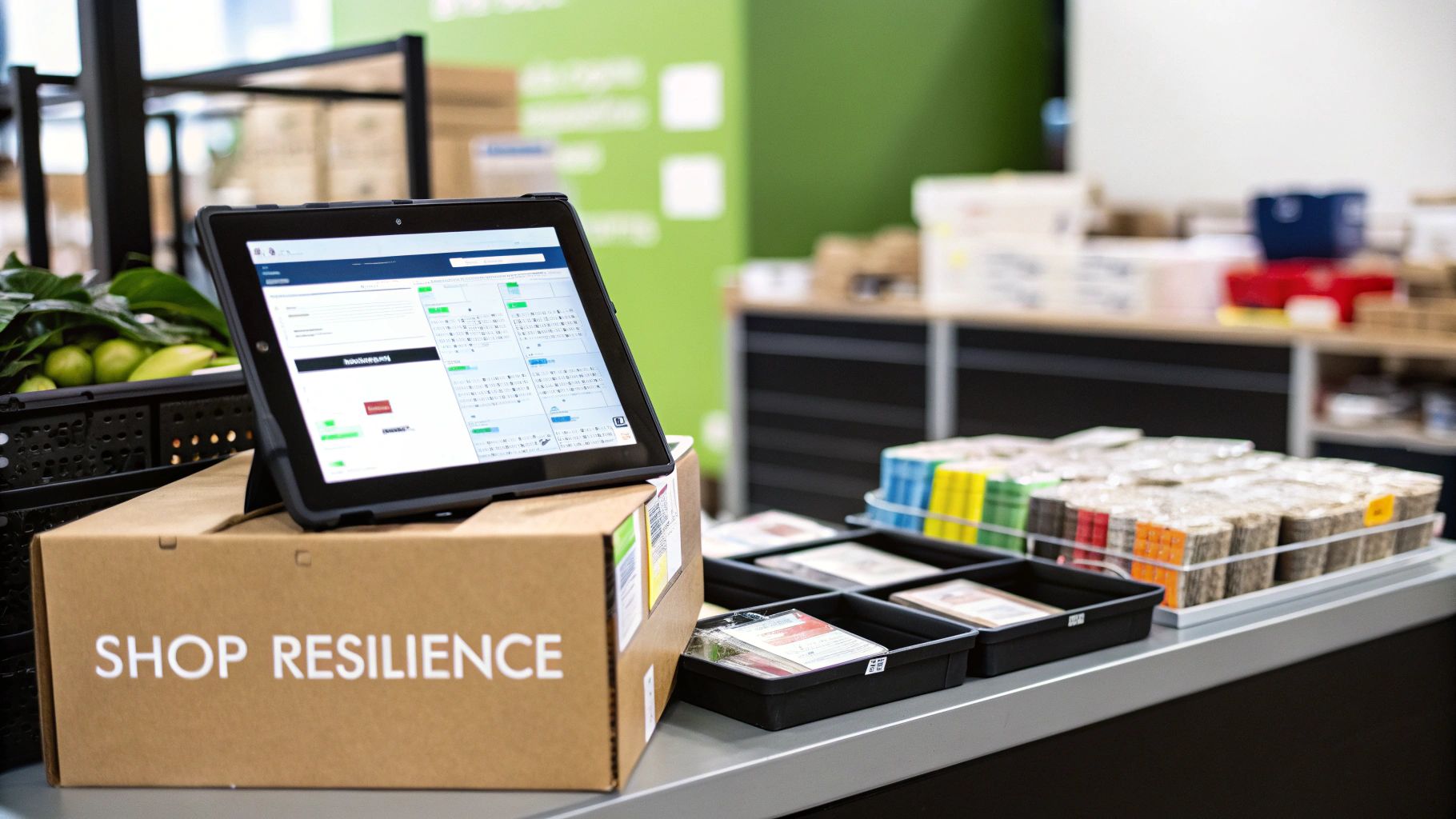 Tablet displaying inventory software on a 'SHOP RESILIENCE' box in a retail environment.