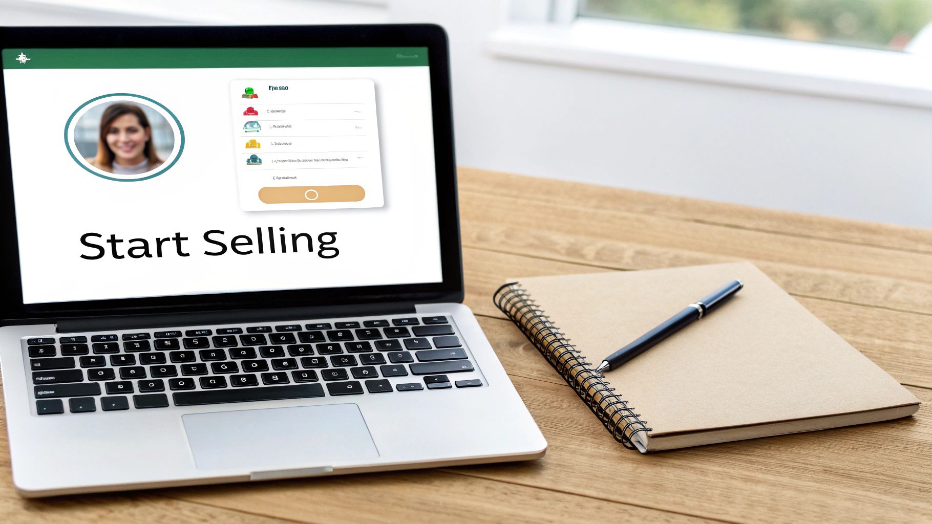 A laptop on a wooden desk displays a 'Start Selling' screen, with a notebook and pen nearby.