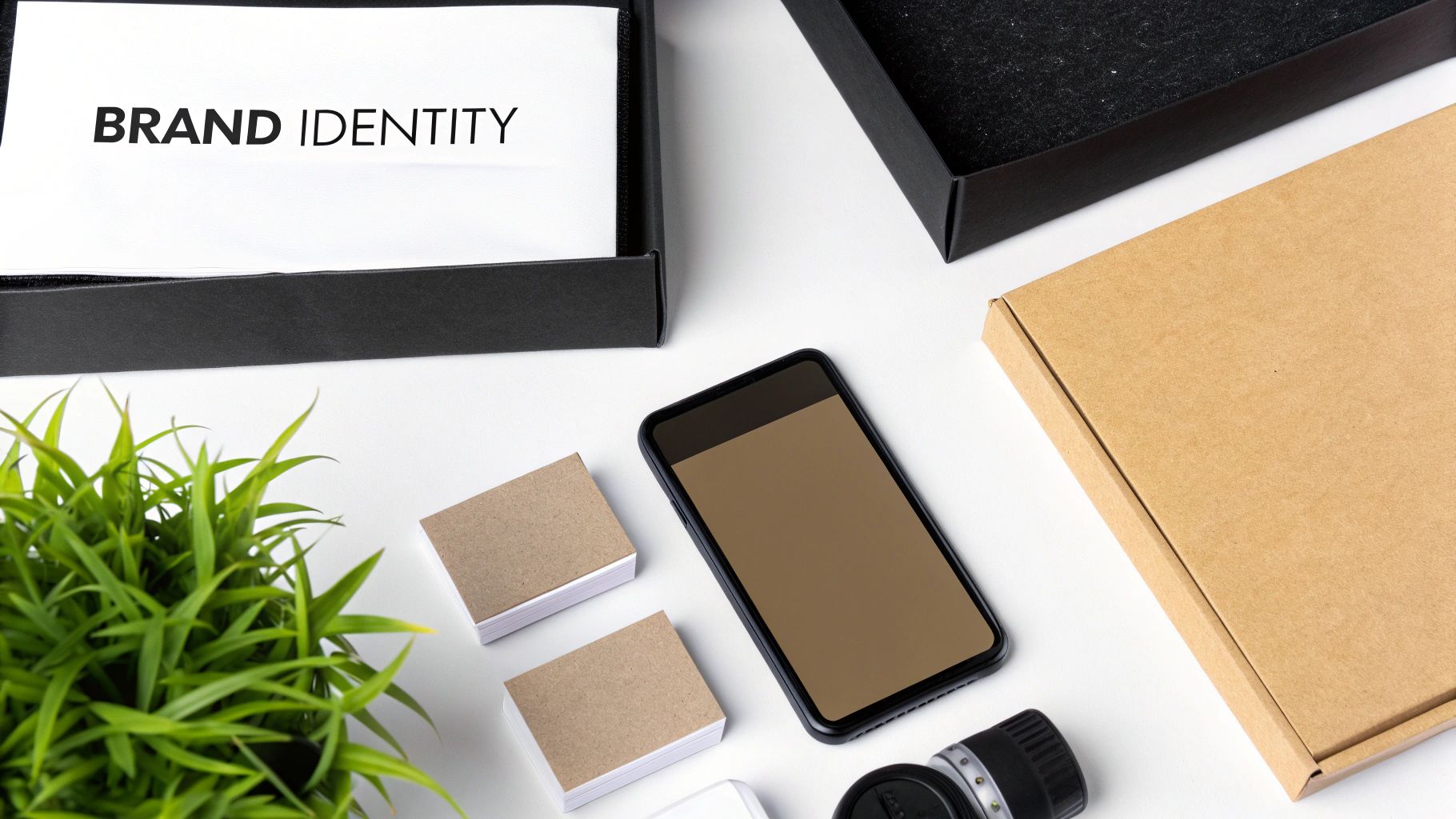 A collage of branding elements like a logo, custom packaging, and product photos, all with a consistent color scheme.