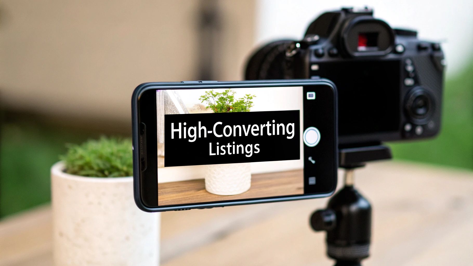 A smartphone on a tripod displaying 'High-Converting Listings' on its screen, with a DSLR camera blurred in the background, suggesting digital content creation.