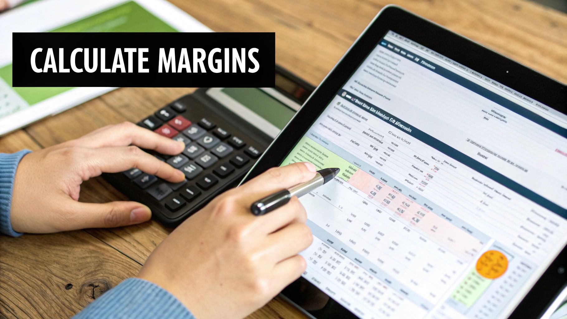 Hands calculating margins using a calculator and pointing at a financial spreadsheet on a digital tablet.