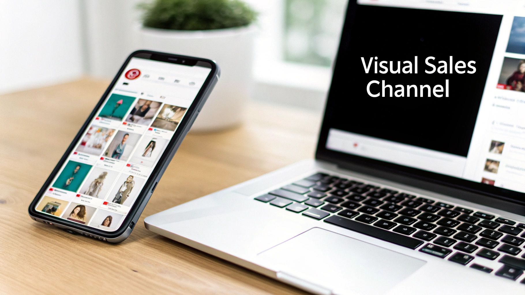 A smartphone displaying a social media feed next to a laptop showing 'Visual Sales Channel'.