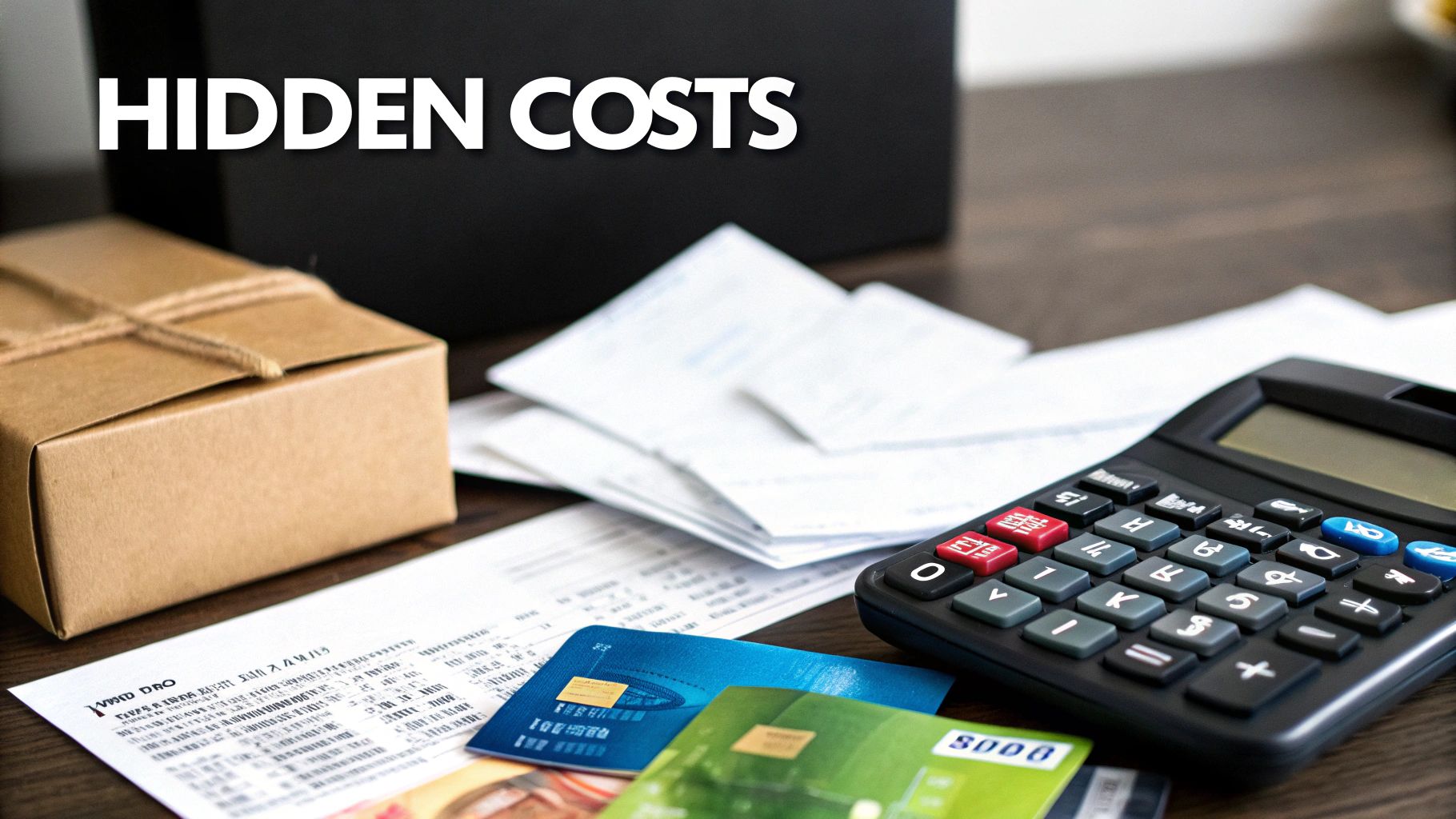 A calculator, stack of bills, credit cards, and a gift box on a desk, illustrating hidden costs.