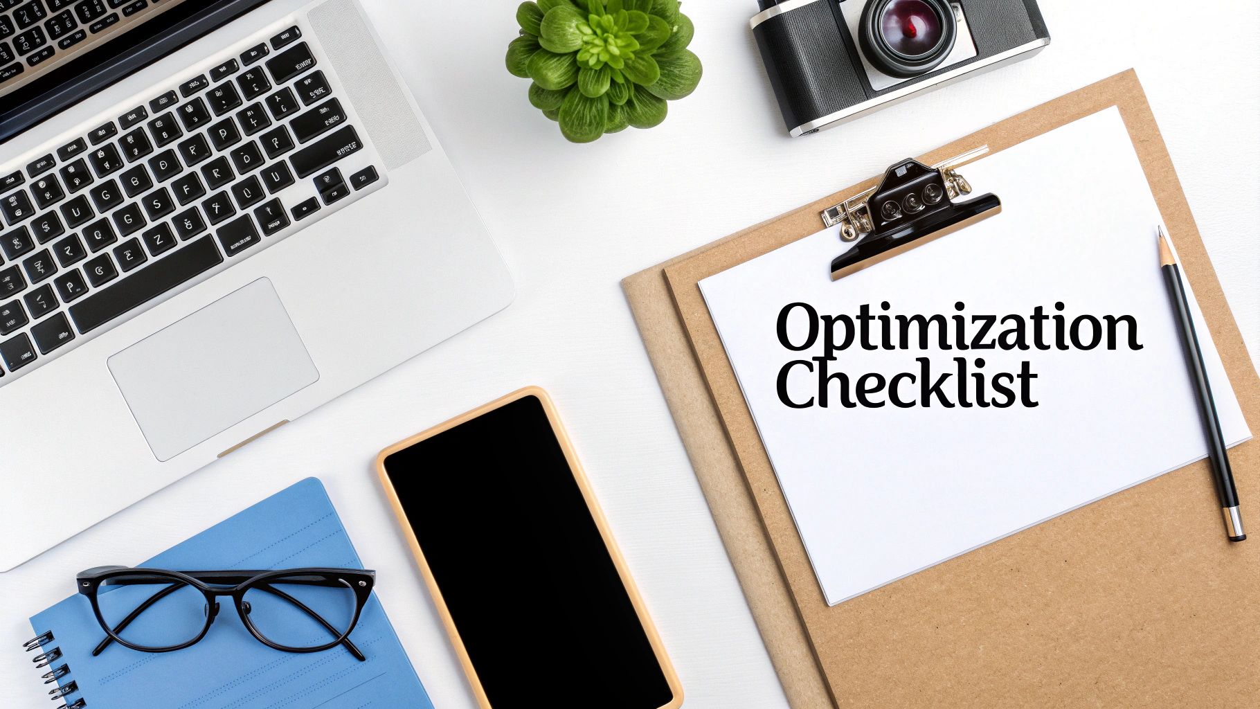 Overhead view of a modern workspace with a laptop, camera, smartphone, and an 'Optimization Checklist' on a clipboard.