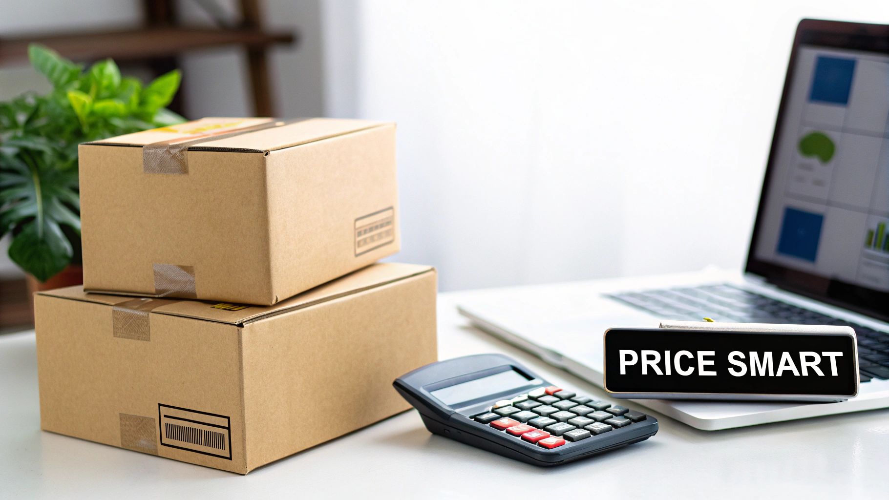 Two stacked shipping boxes, a calculator, and a laptop with a 'PRICE SMART' sign for e-commerce.