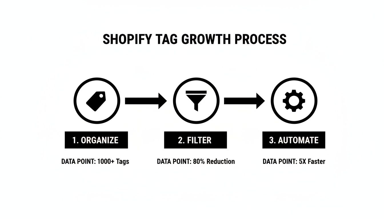 Flowchart showing Shopify tag growth process: organize, filter for 80% reduction, and automate for 5x faster.