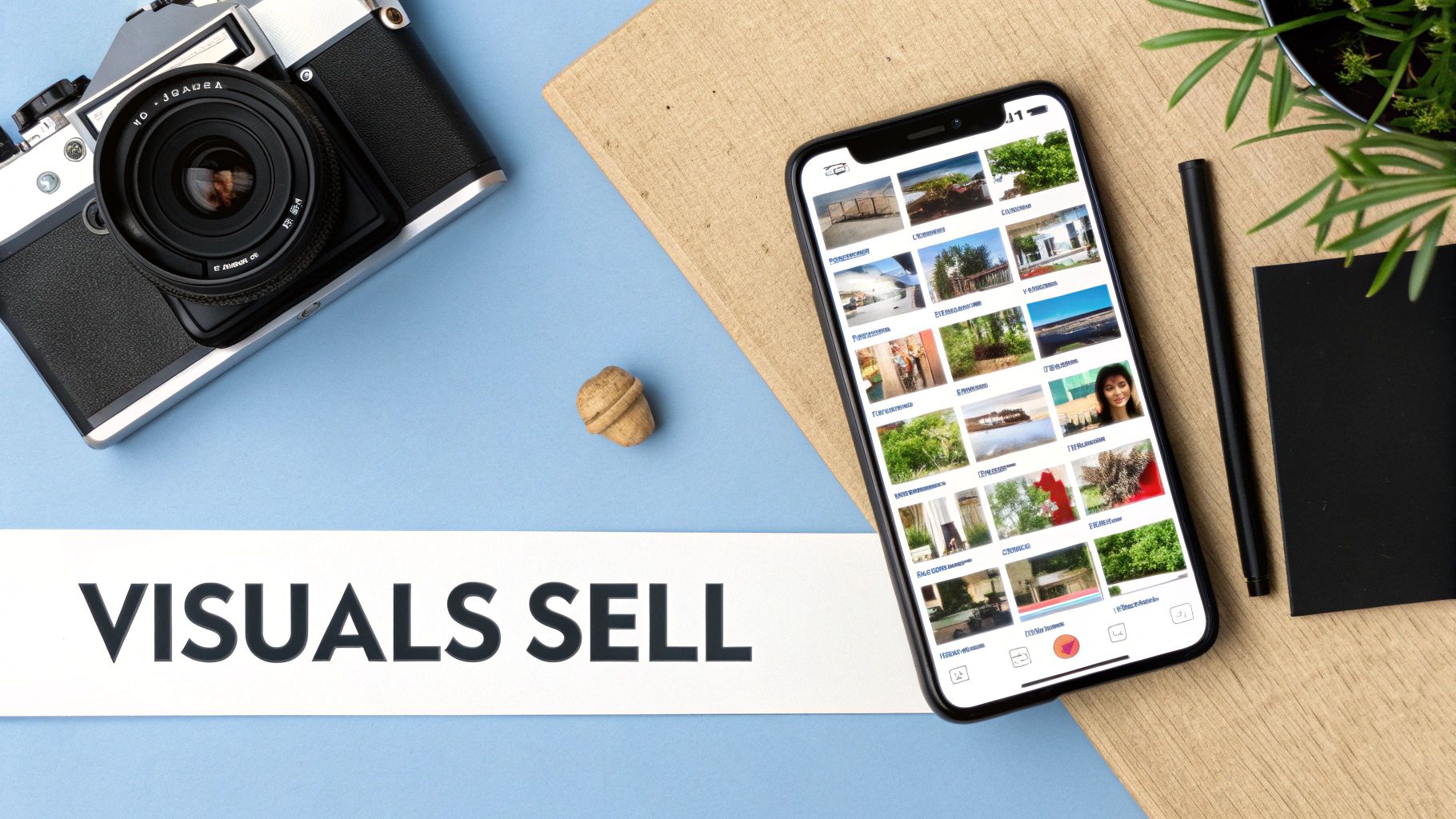 Flat lay with vintage camera, smartphone displaying images, pen, notebook, and 'VISUALS SELL' text.