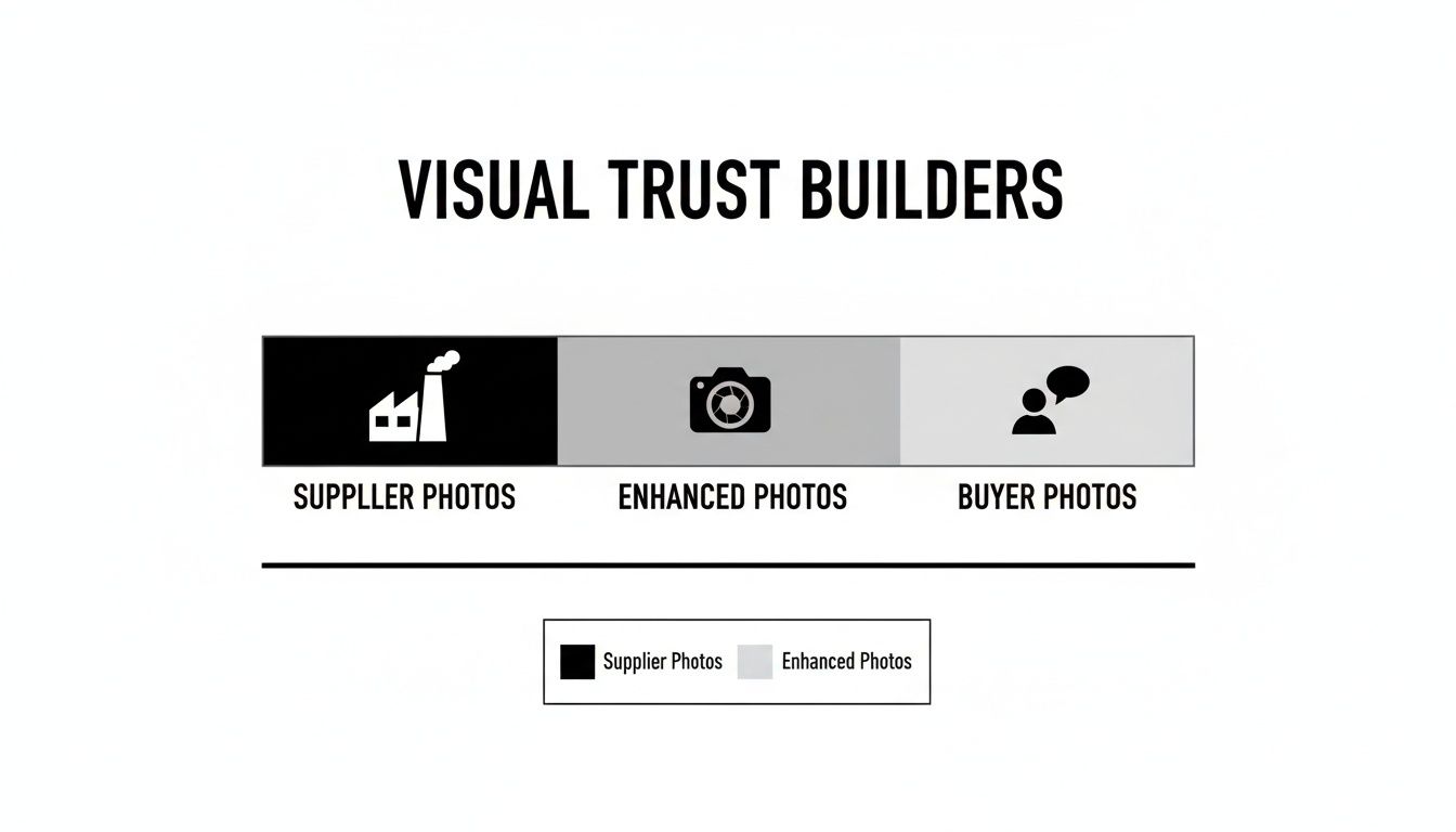Visual trust builders infographic illustrating supplier, enhanced, and buyer photo categories.