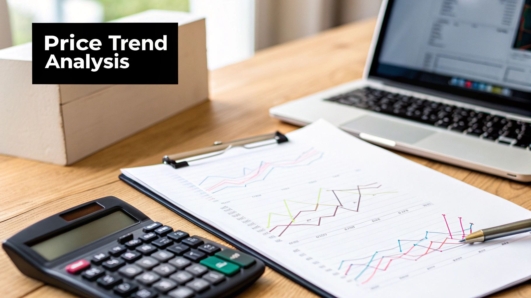A desk setup with a laptop, calculator, charts on a clipboard, and a pen, with 'Price Trend Analysis' text overlay.