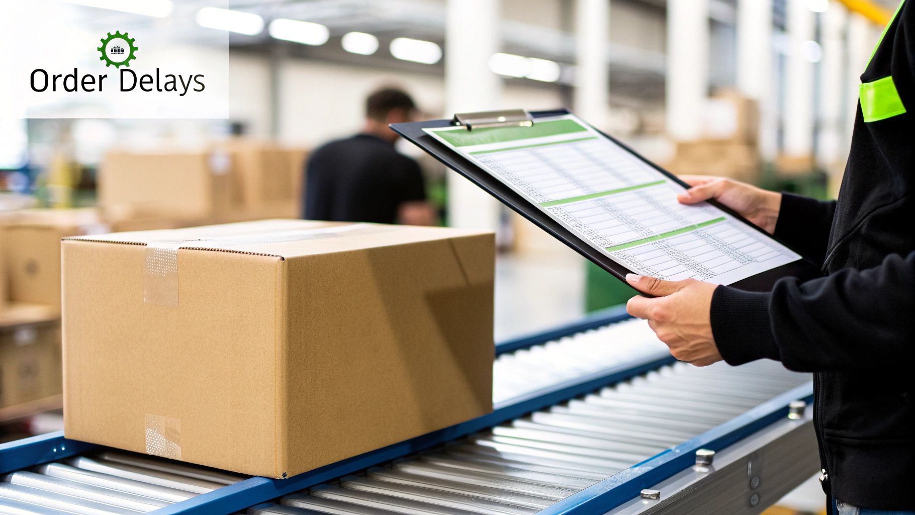 A stressed person looks at a laptop screen showing an order status, representing a fulfillment delay.