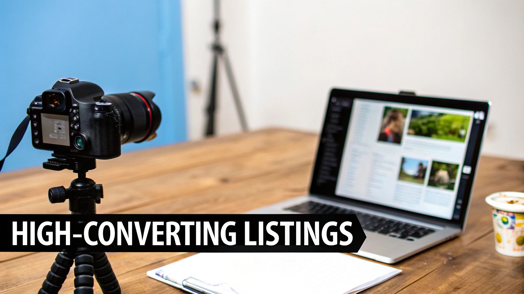 A DSLR camera on a tripod and a laptop displaying photos, emphasizing high-converting listings.