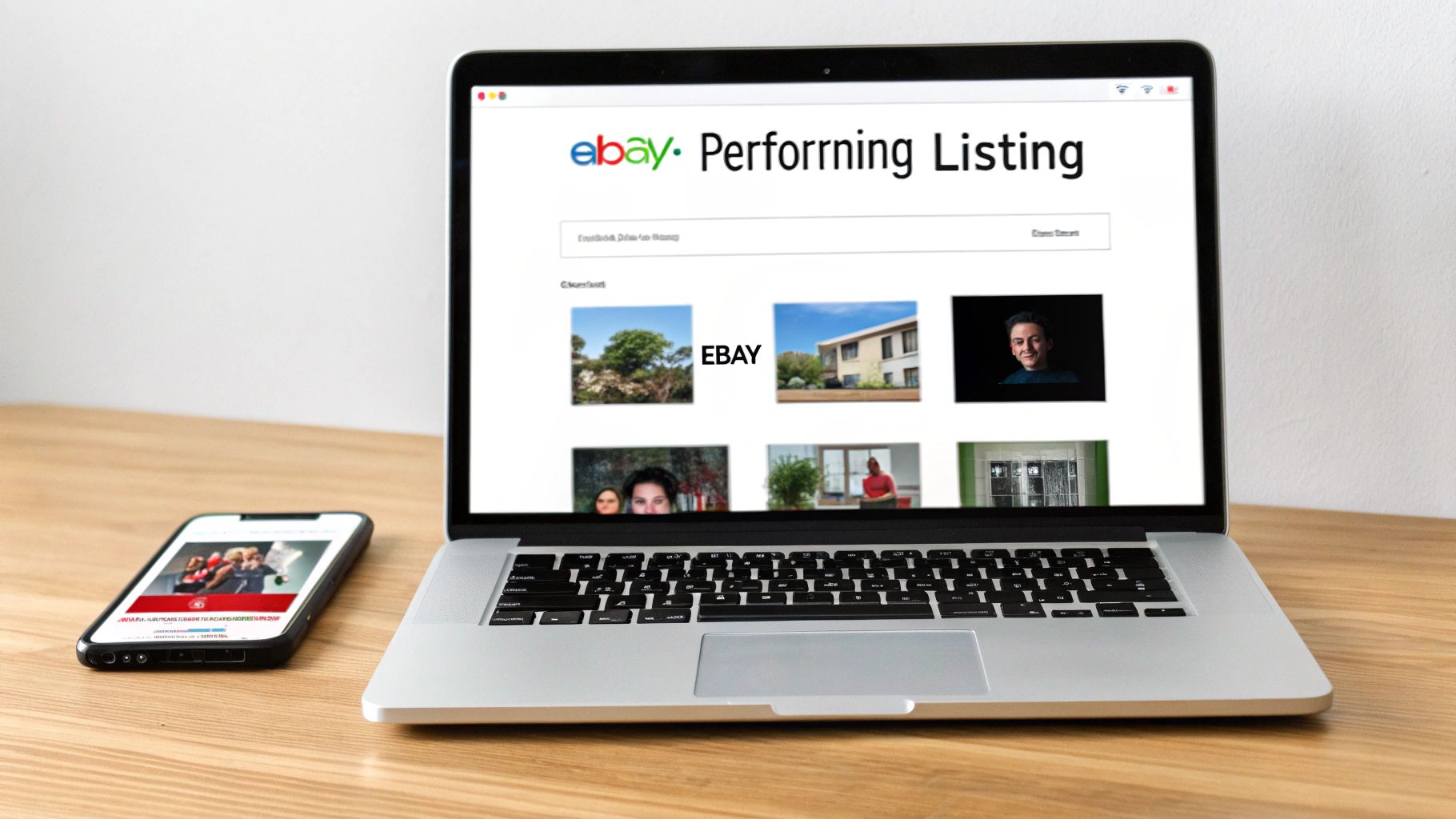 A laptop displays an eBay listing page with the eBay logo, next to a smartphone on a wooden desk.