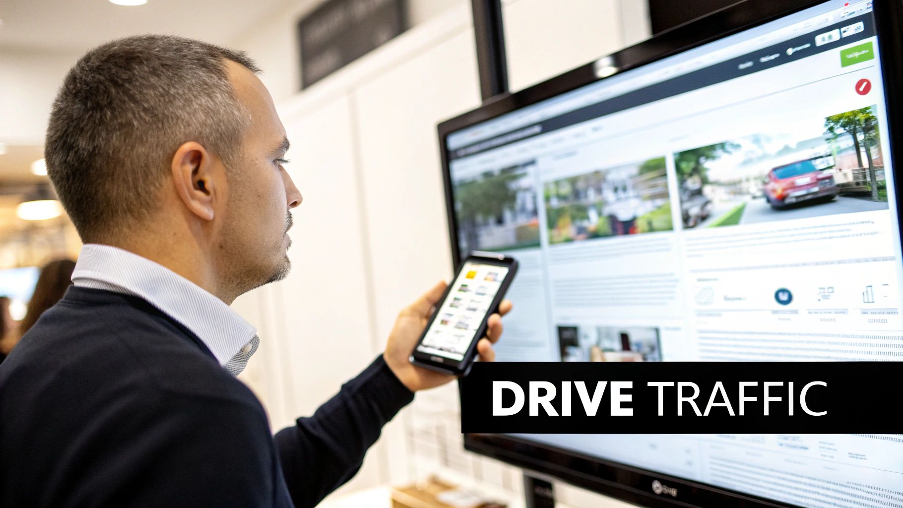 A man holds a smartphone while viewing a large monitor displaying website content and images.