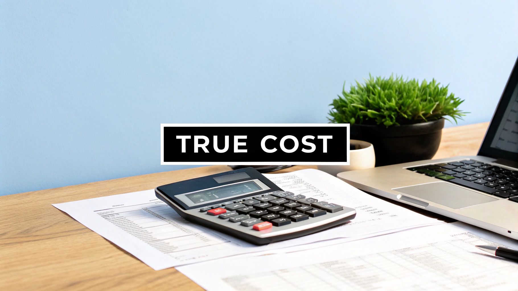 A person holding a calculator and a credit card, analyzing costs on a laptop screen