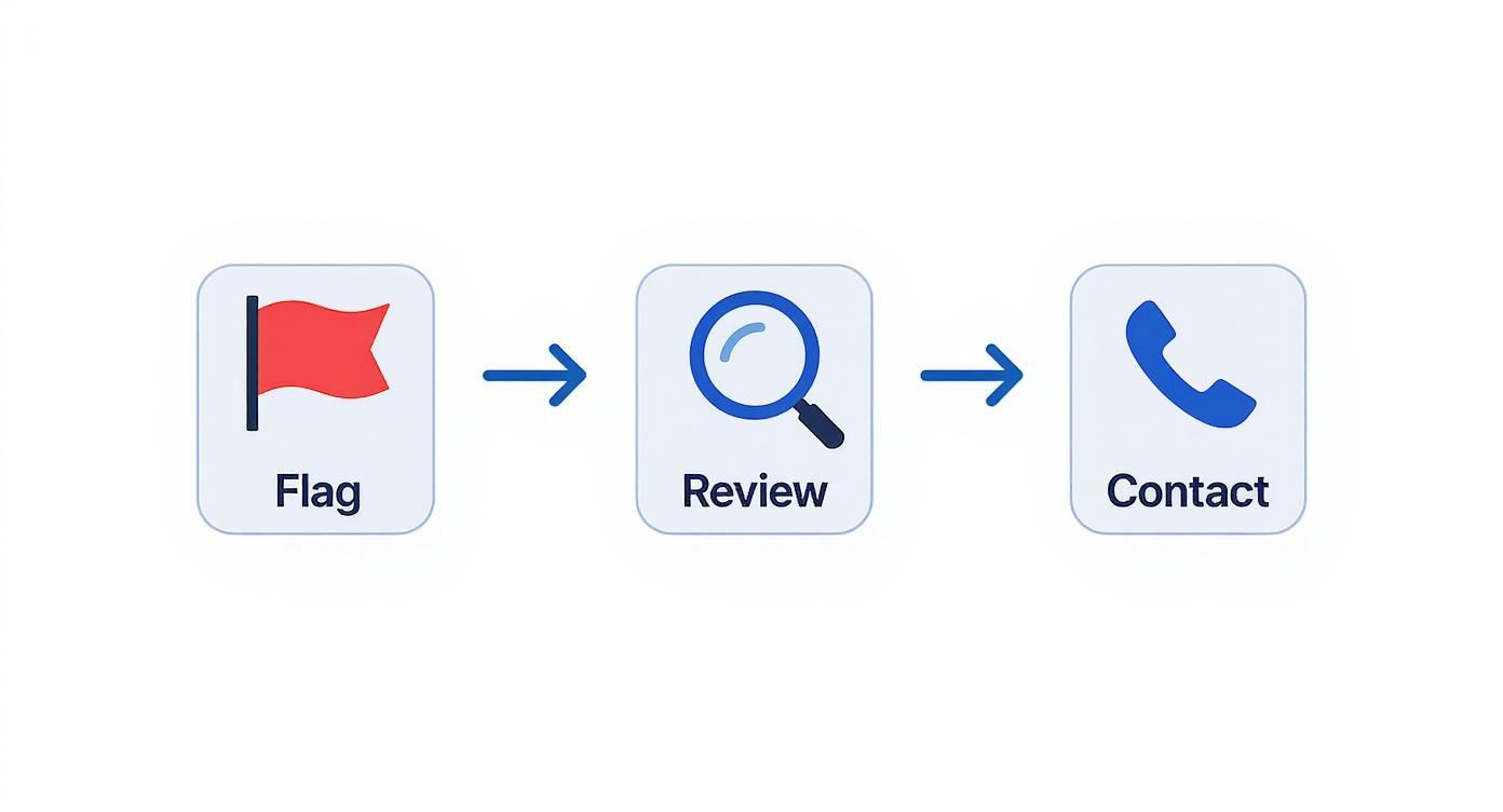 A three-step process diagram showing Flag, Review, and Contact, each with a relevant icon.
