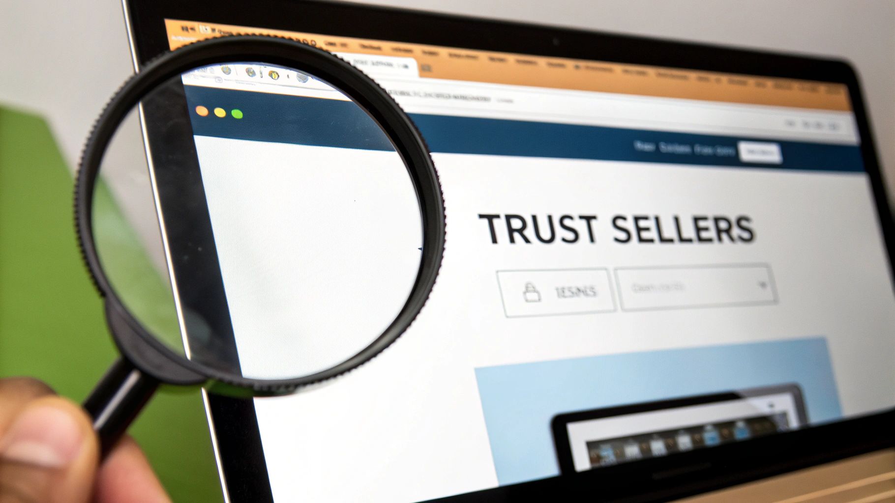 A magnifying glass hovering over a shopping cart icon on a computer screen, representing a careful product search.