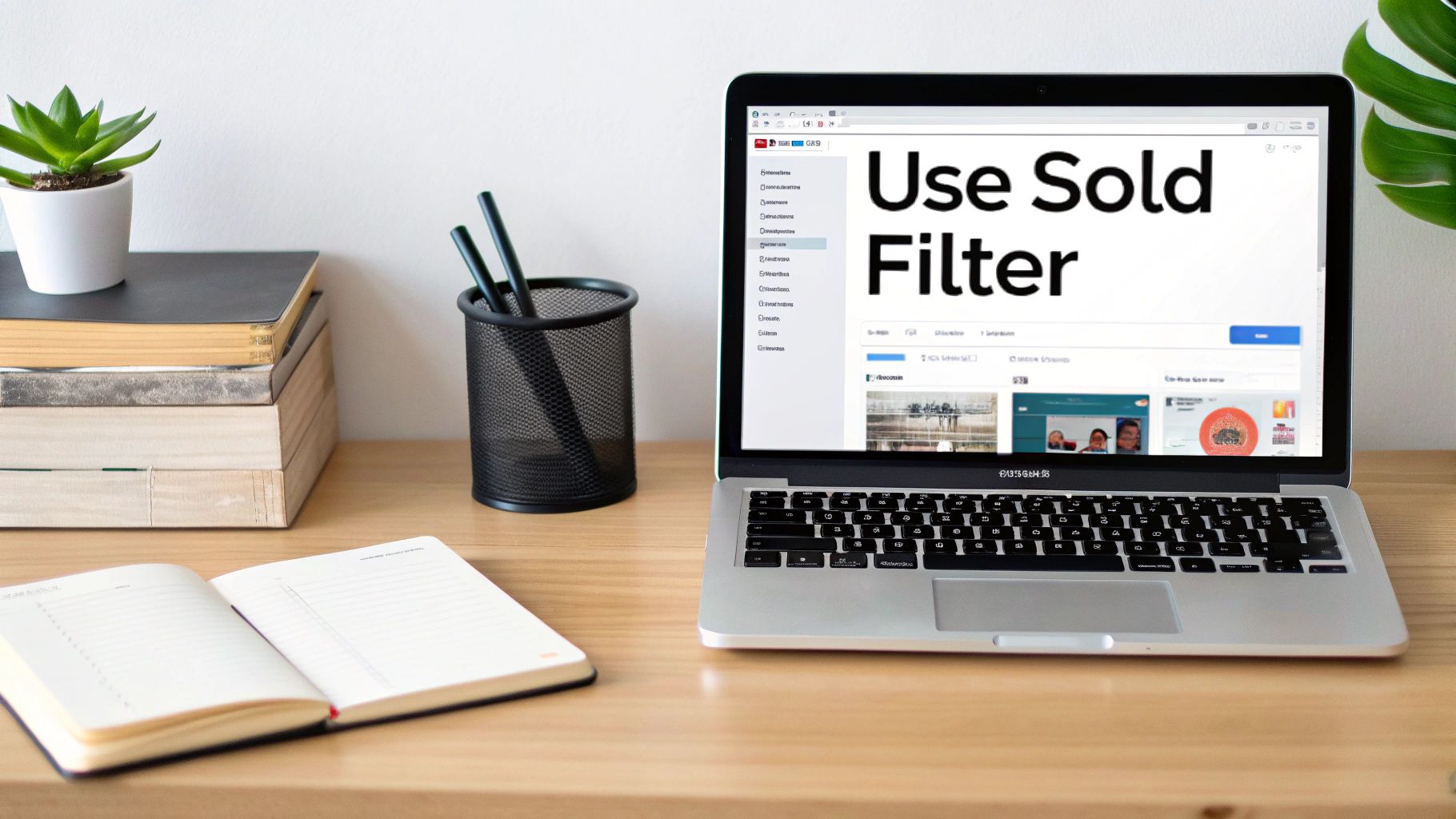 A laptop displaying 'Use Sold Filter' on a wooden desk with a plant, books, and an open notebook.