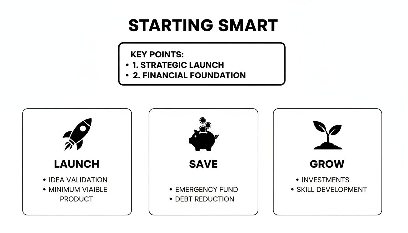 A diagram illustrating a 'Starting Smart' strategy with points on launch, save, and grow.