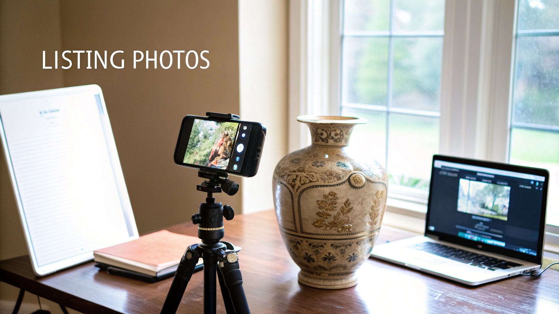 A smartphone on a tripod capturing listing photos of an antique vase, with a laptop nearby for editing.