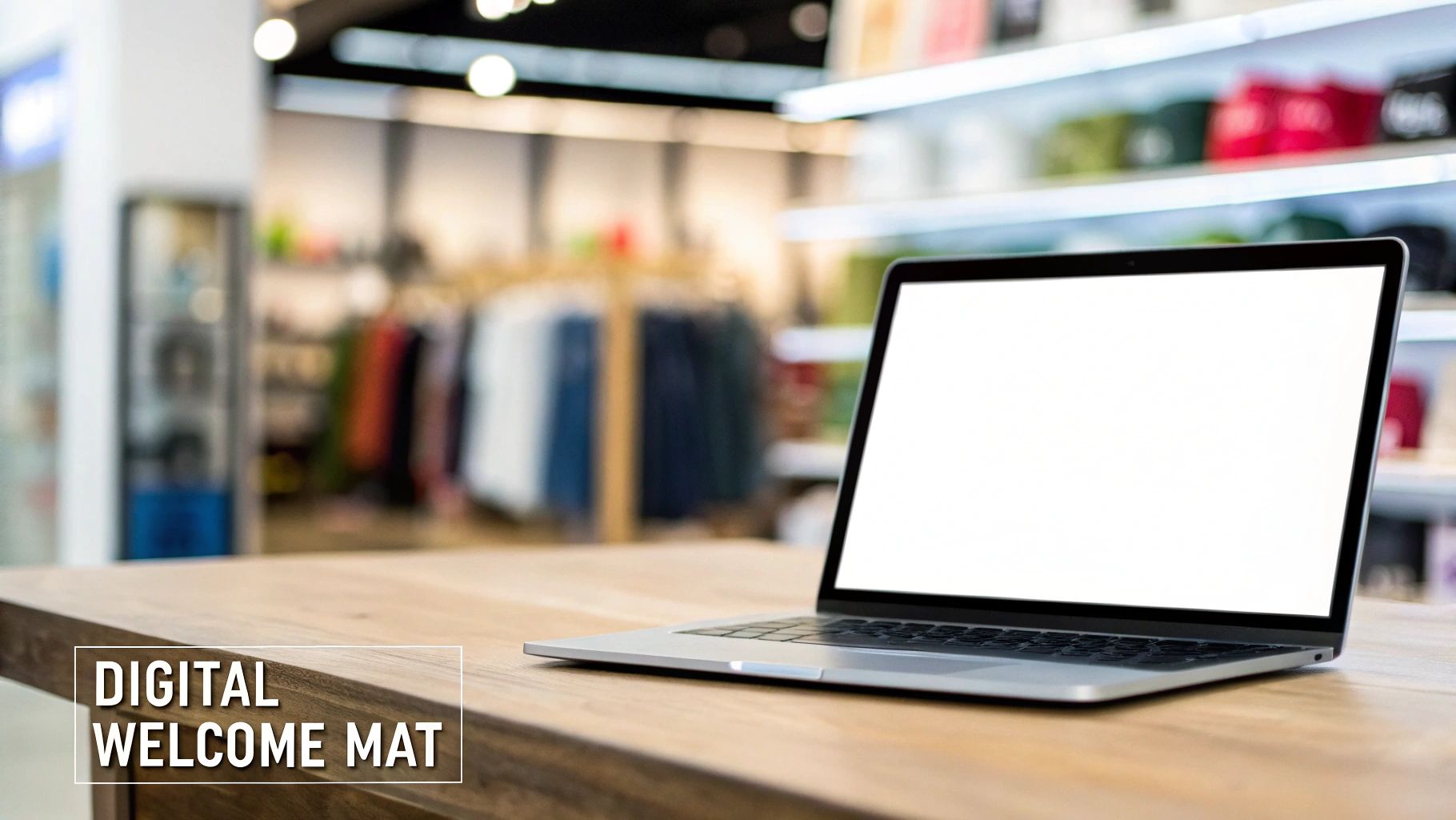 A stylized, colorful illustration of a person shopping online from a large smartphone screen, representing an ecommerce storefront.