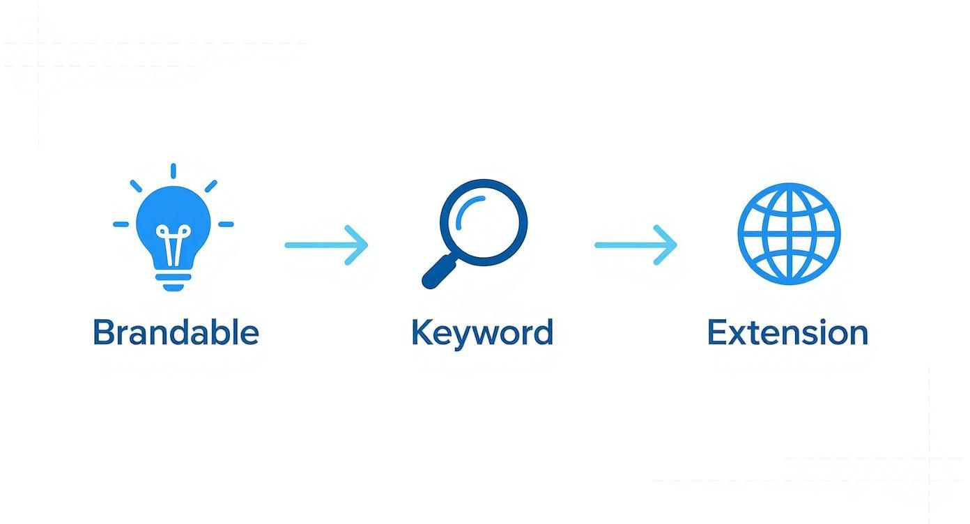 An infographic shows a blue lightbulb for 'Brandable', a magnifying glass for 'Keyword', and a globe for 'Extension', connected by arrows.