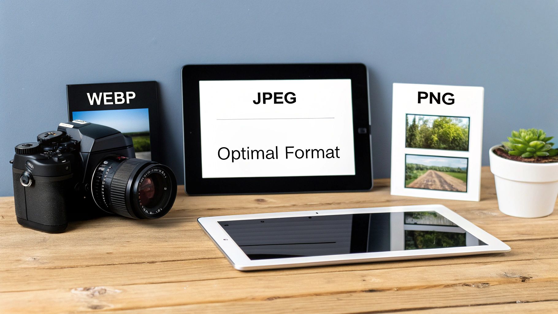Image optimization concepts shown with WEBP, JPEG, and PNG formats on digital devices and a camera.