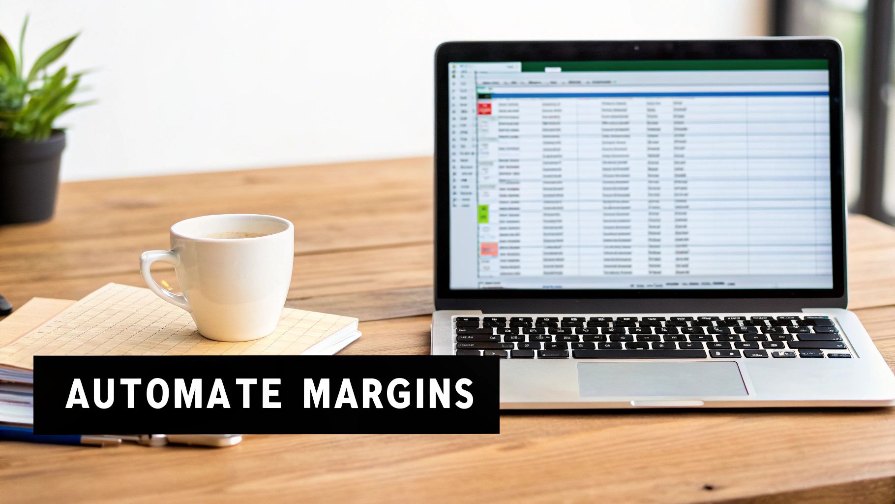 A laptop displaying spreadsheet data, coffee cup, and notebooks on a wooden desk with 'AUTOMATE MARGINS' text.