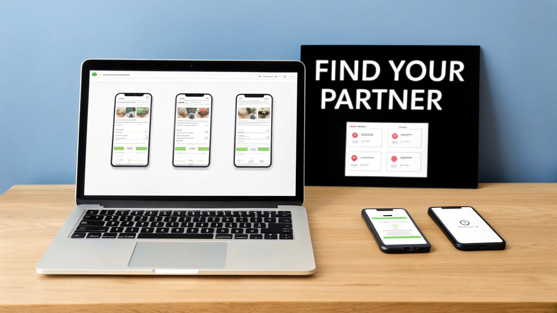 Laptop displaying a dropshipping app interface with product listings, a 'Find Your Partner' board, and two smartphones.