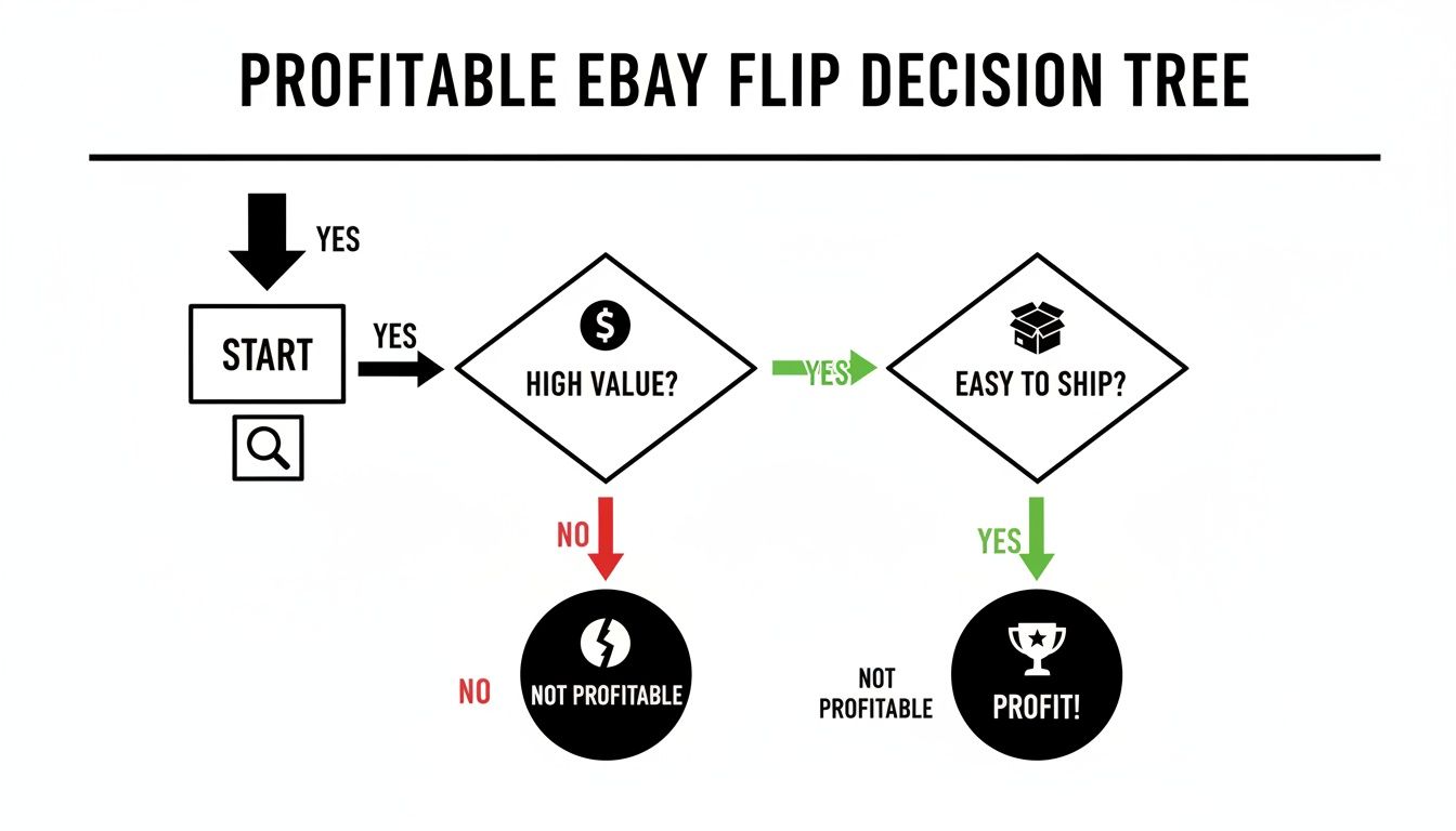 A decision tree flowchart illustrating steps for profitable eBay flips based on high value and ease of shipping.