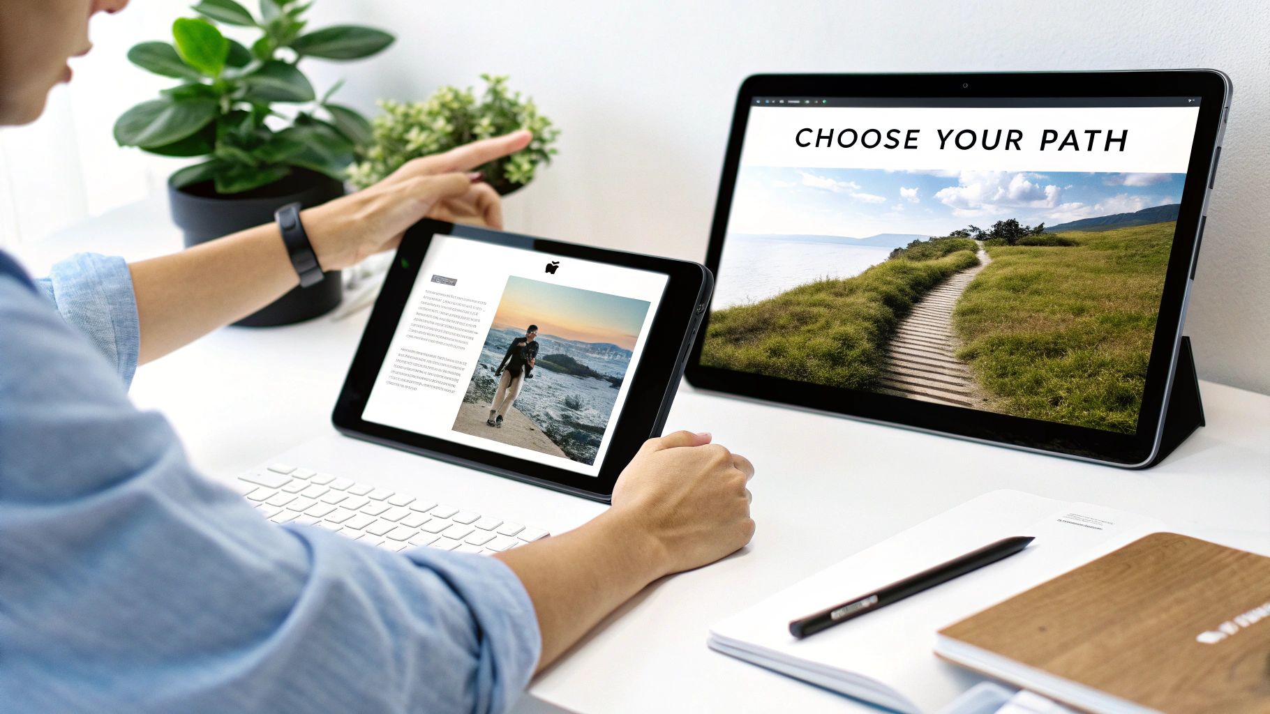 A person interacts with two tablets showing a personalized article and an inspiring 'CHOOSE YOUR PATH' image.