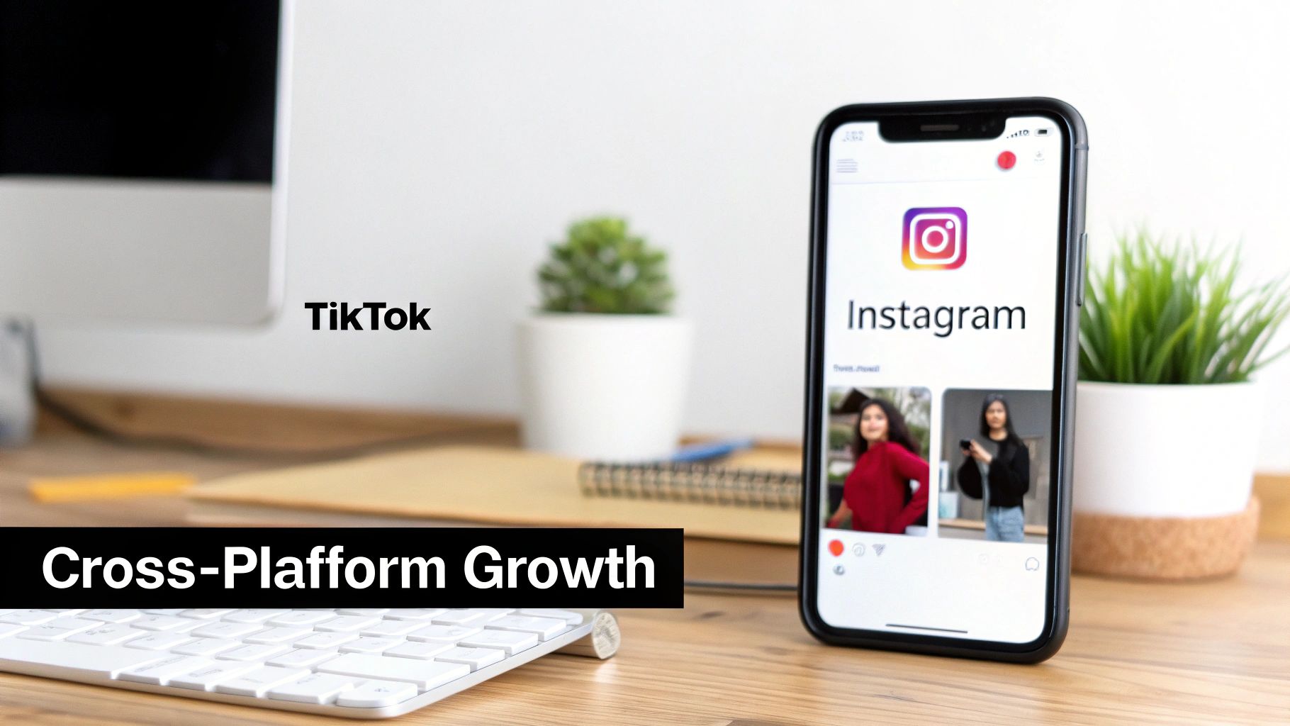 Smartphone displaying Instagram app, with 'TikTok' and 'Cross-Platform Growth' text, symbolizing social media integration.