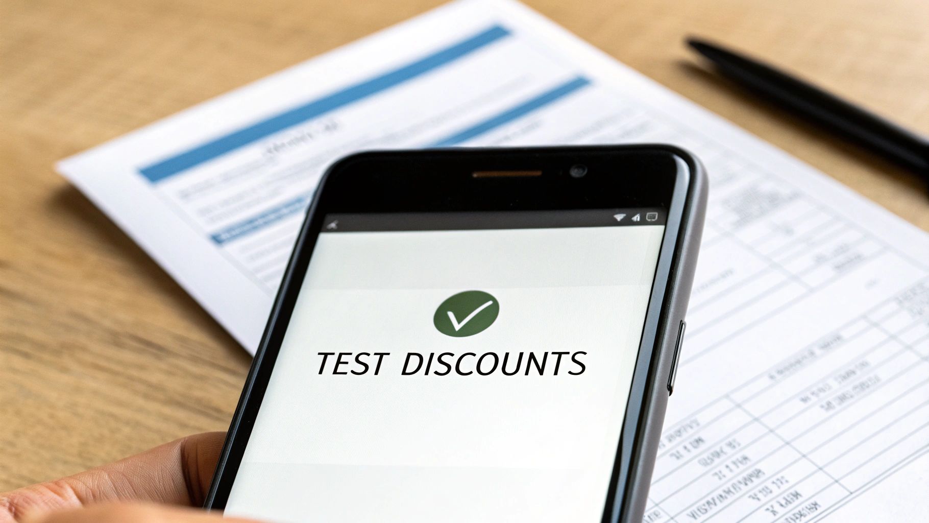 Hand holding a smartphone displaying 'TEST DISCOUNTS' with a green checkmark on the screen.