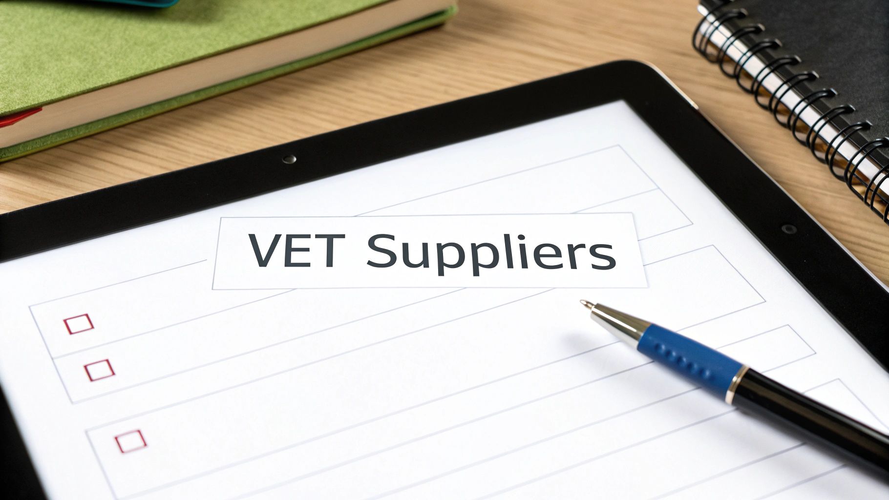 A tablet screen showing 'VET Suppliers' with checkboxes, a pen, and office supplies on a wooden desk.