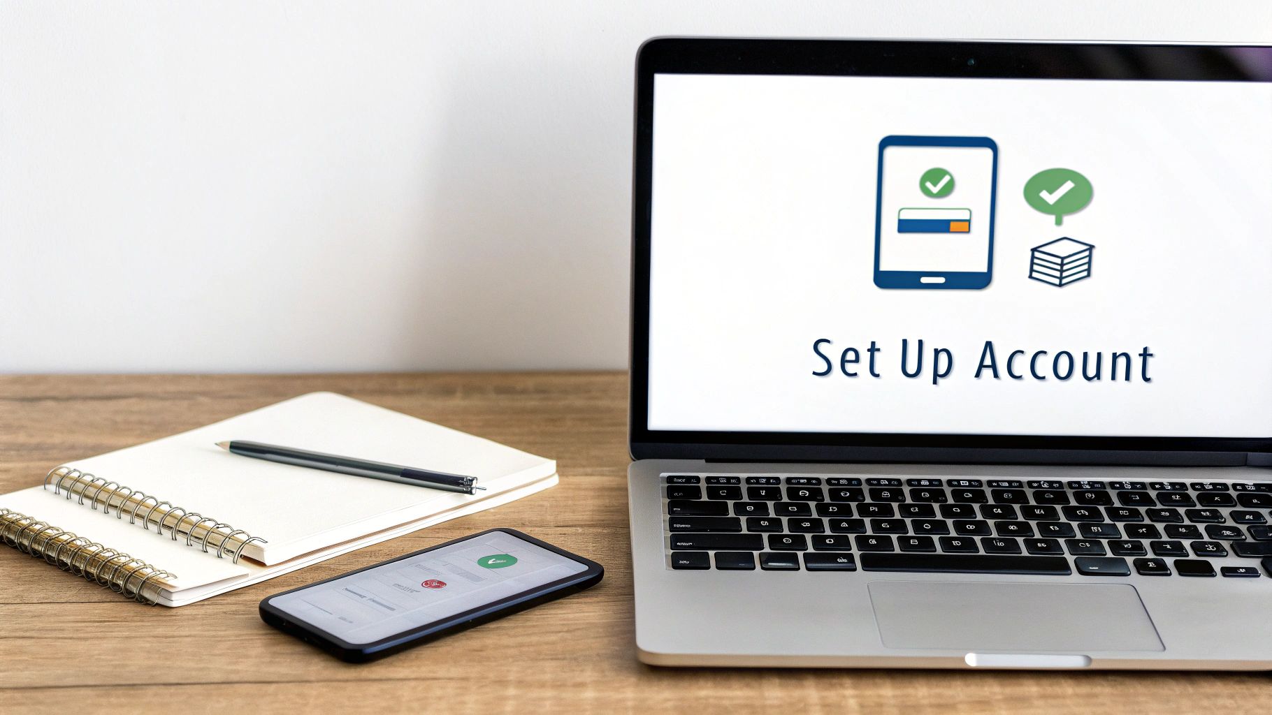 A laptop screen displays 'Set Up Account' with icons, next to a smartphone, notebook, and pen.