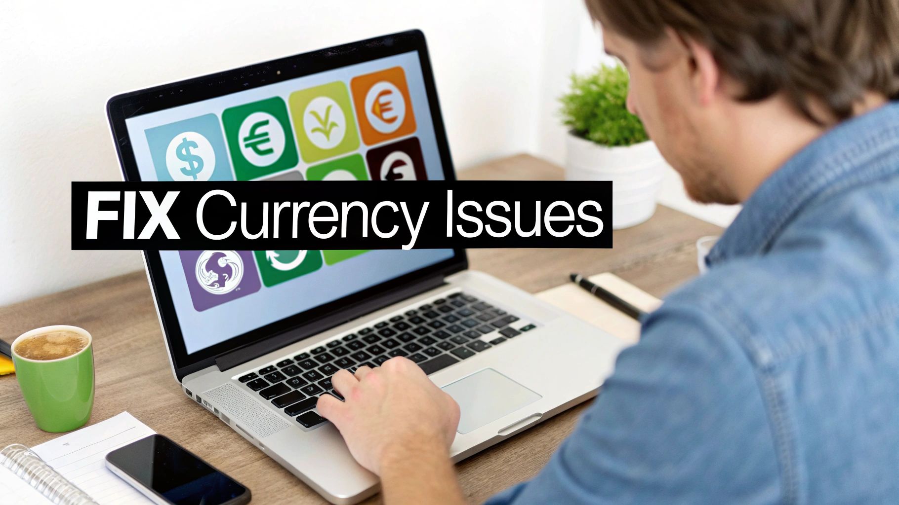 A person works on a laptop displaying currency symbols with an overlay stating 'FIX Currency Issues'.
