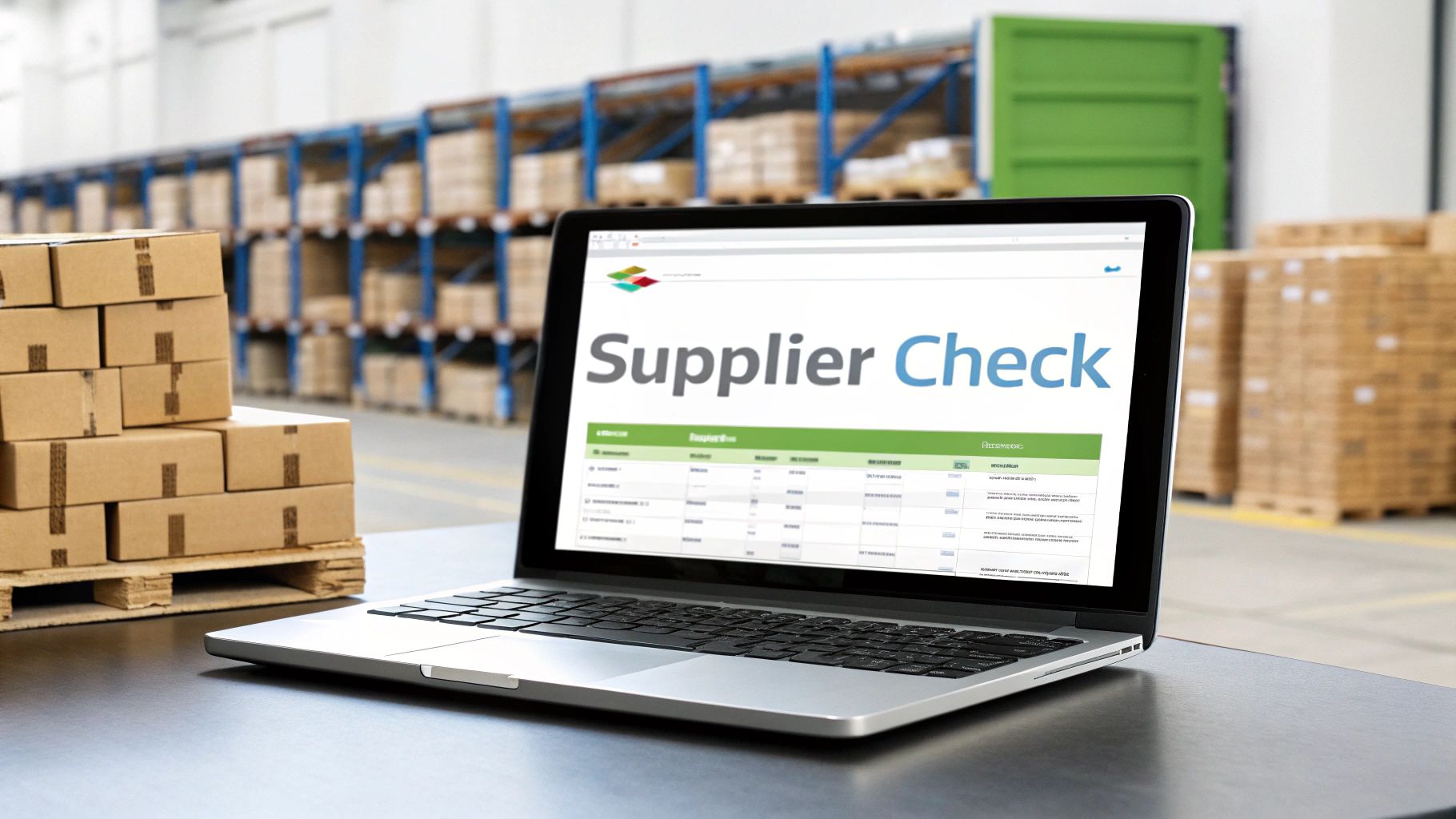 Laptop displaying supplier check software in warehouse with inventory shelves and cardboard boxes