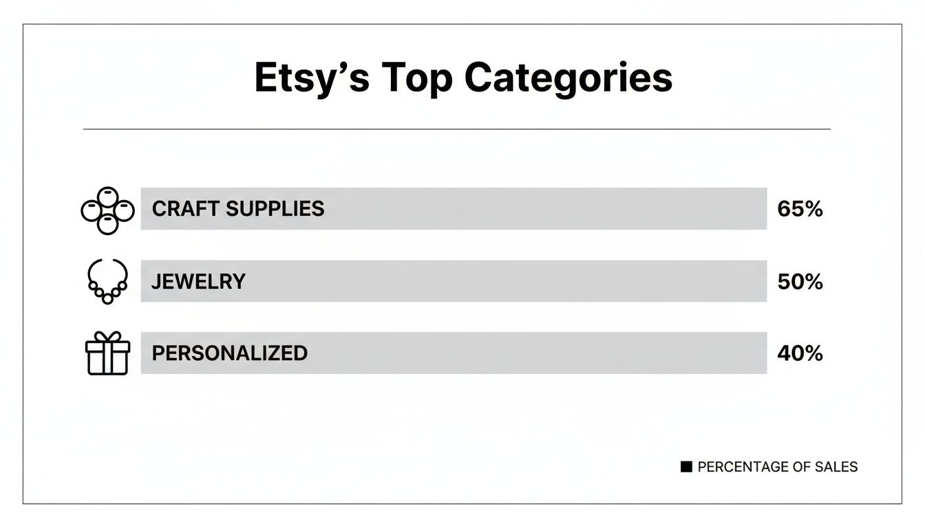 Bar chart showing Etsy's top categories: Craft Supplies (65%), Jewelry (50%), and Personalized (40%).