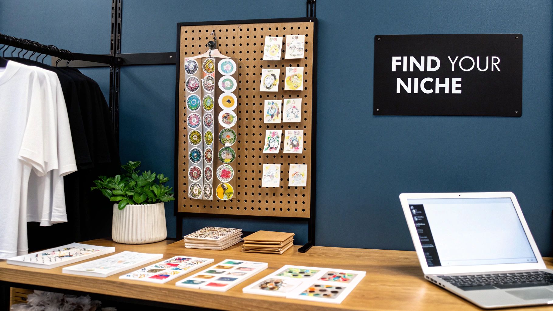 A modern retail display with custom art prints, stickers, t-shirts, and a laptop on a wooden counter.