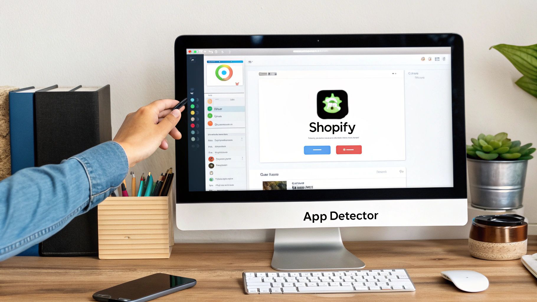 A person's hand uses a stylus on a desktop computer displaying the Shopify app interface.