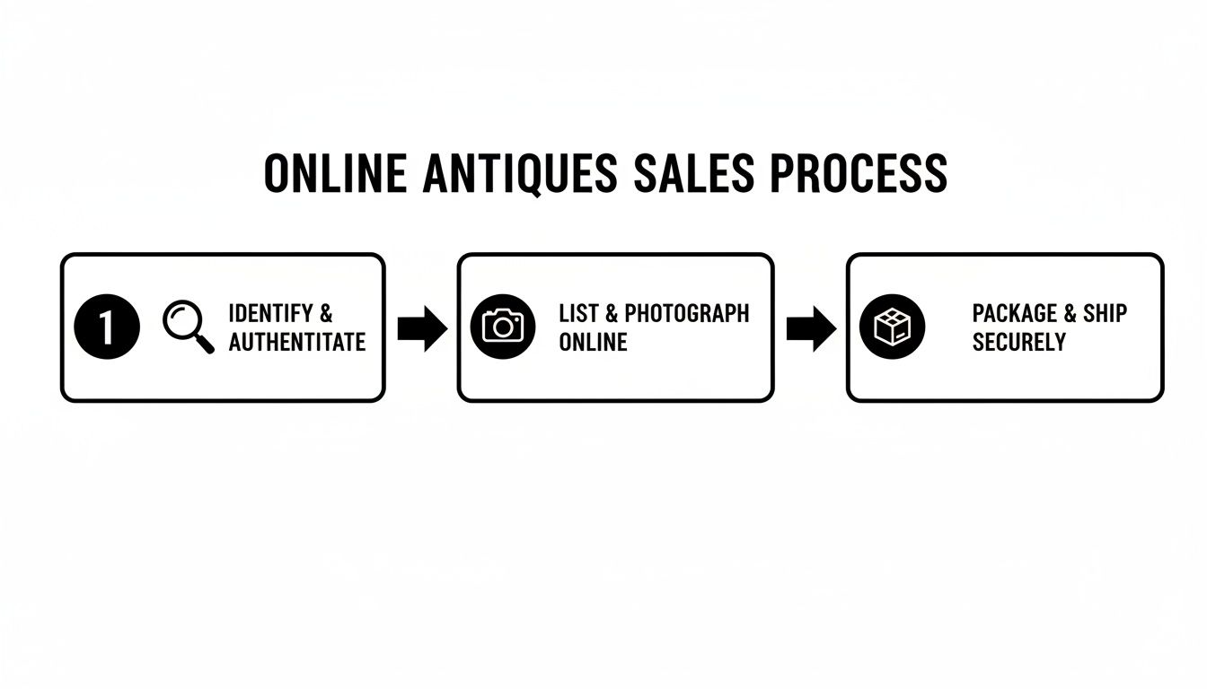Flowchart outlining the three-step process for selling antiques online: identify, list, and ship.