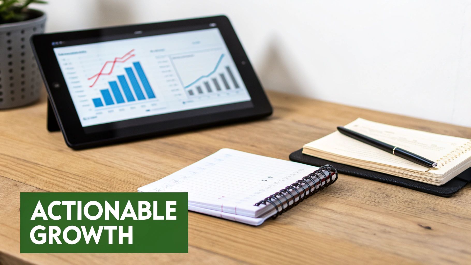 Office desk setup with a tablet displaying sales growth charts, notebooks, and a pen for strategic business analysis.