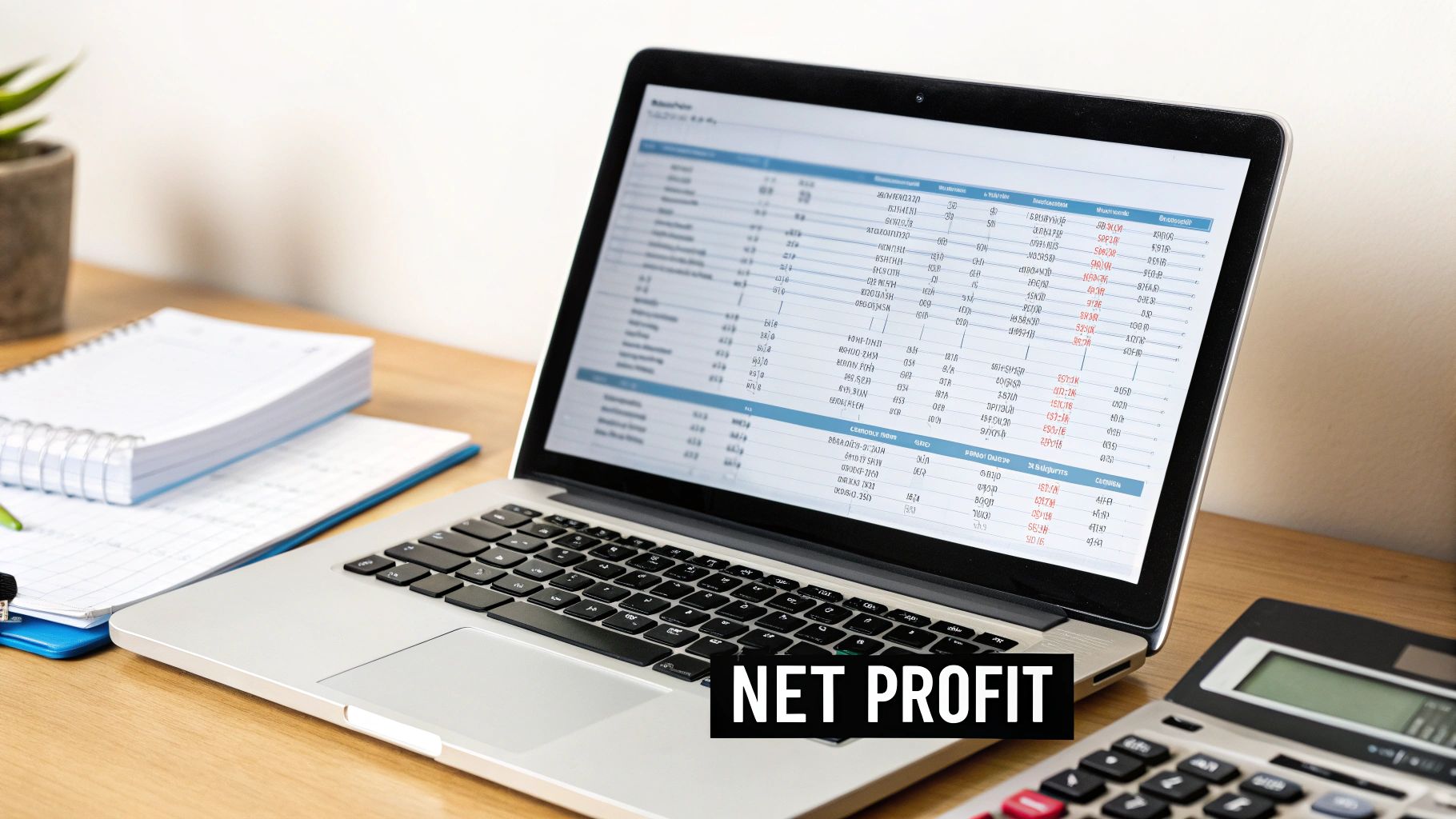A laptop displaying financial data on a spreadsheet, next to a calculator and notebooks, with 'NET PROFIT' text.