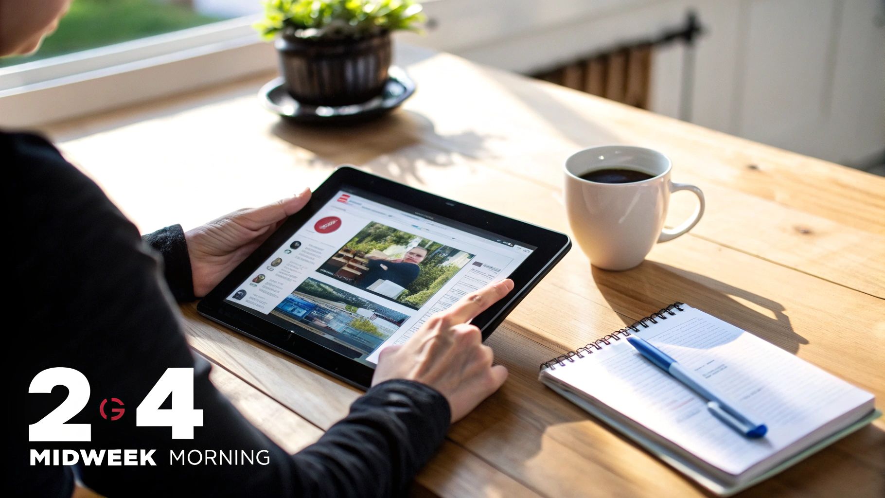 Person scrolling on a tablet with coffee, notebook, and pen on a sunlit wooden table.