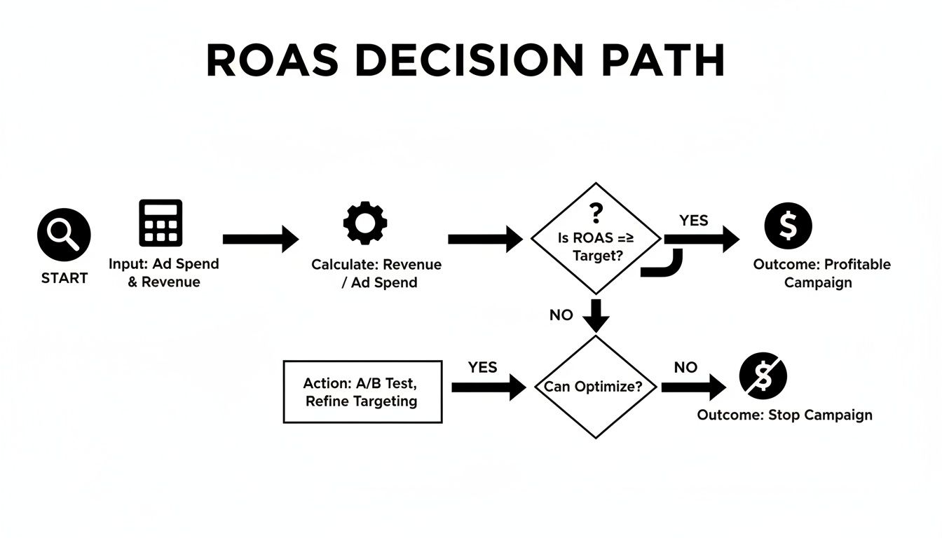 Flowchart illustrating the ROAS decision path, showing steps from input to calculating ROAS, comparing to target, and campaign outcomes.