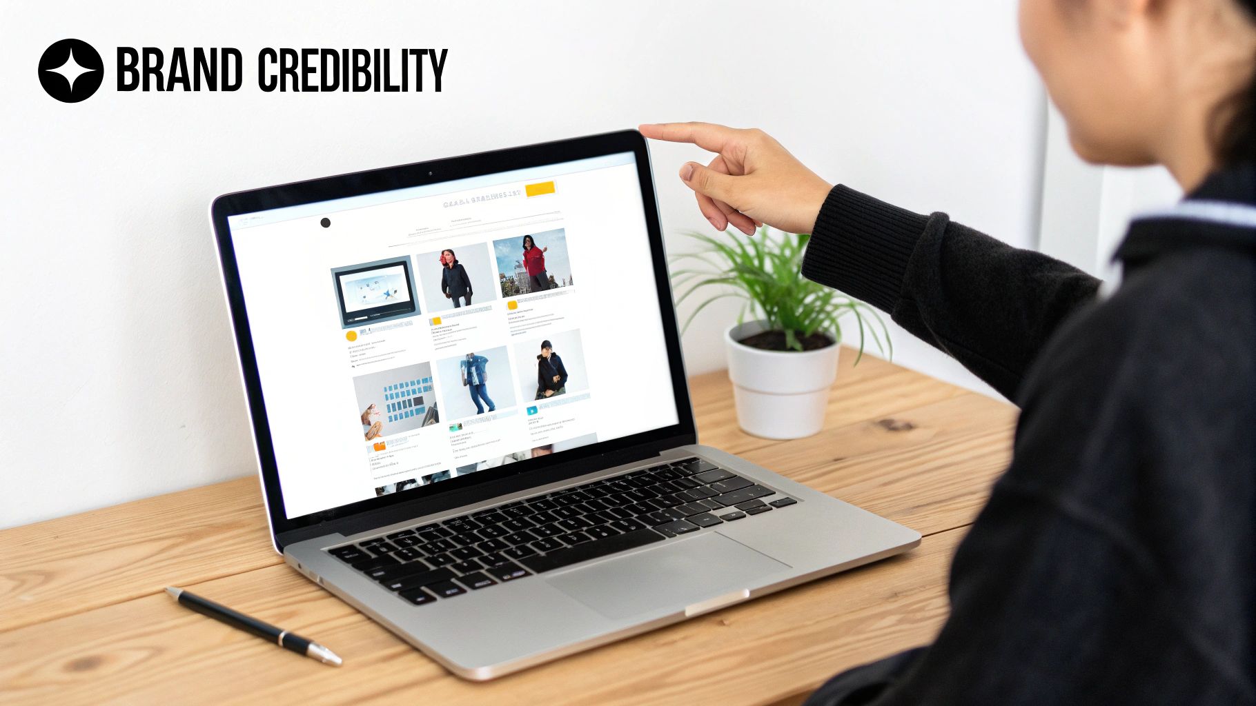 A person's hand points to a laptop displaying an e-commerce website with clothing and videos.